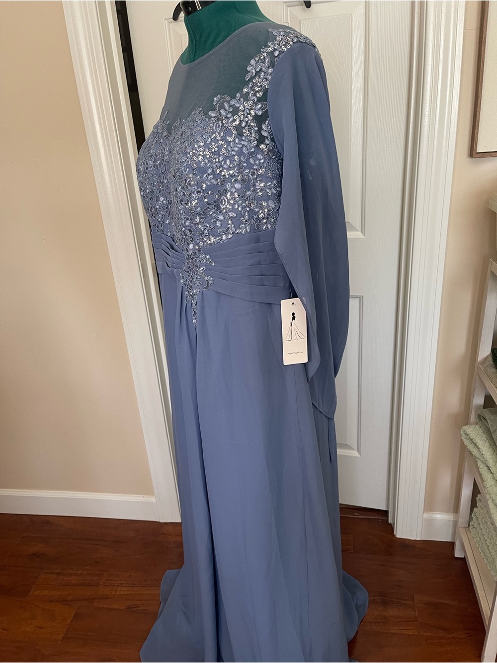Plus-Size Dusty Blue Embroidered Maxi Dress with Cape Sleeves - Picture 4 of 13